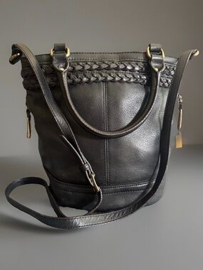 B Makowsky Black Leather Bucket Hobo Crossbody Bag Braided Trim Multi Pocket